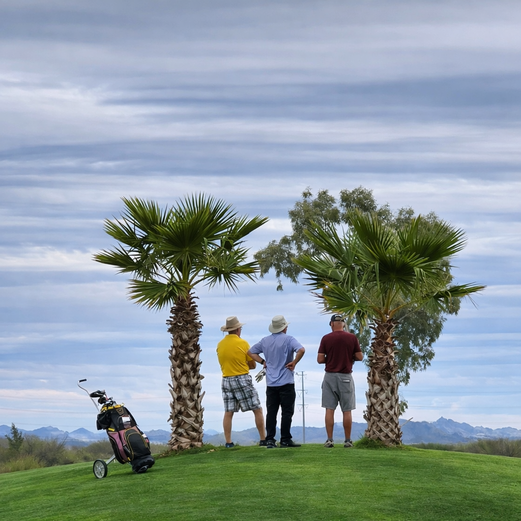 Golfers looking over golf course with palm trees in foreground